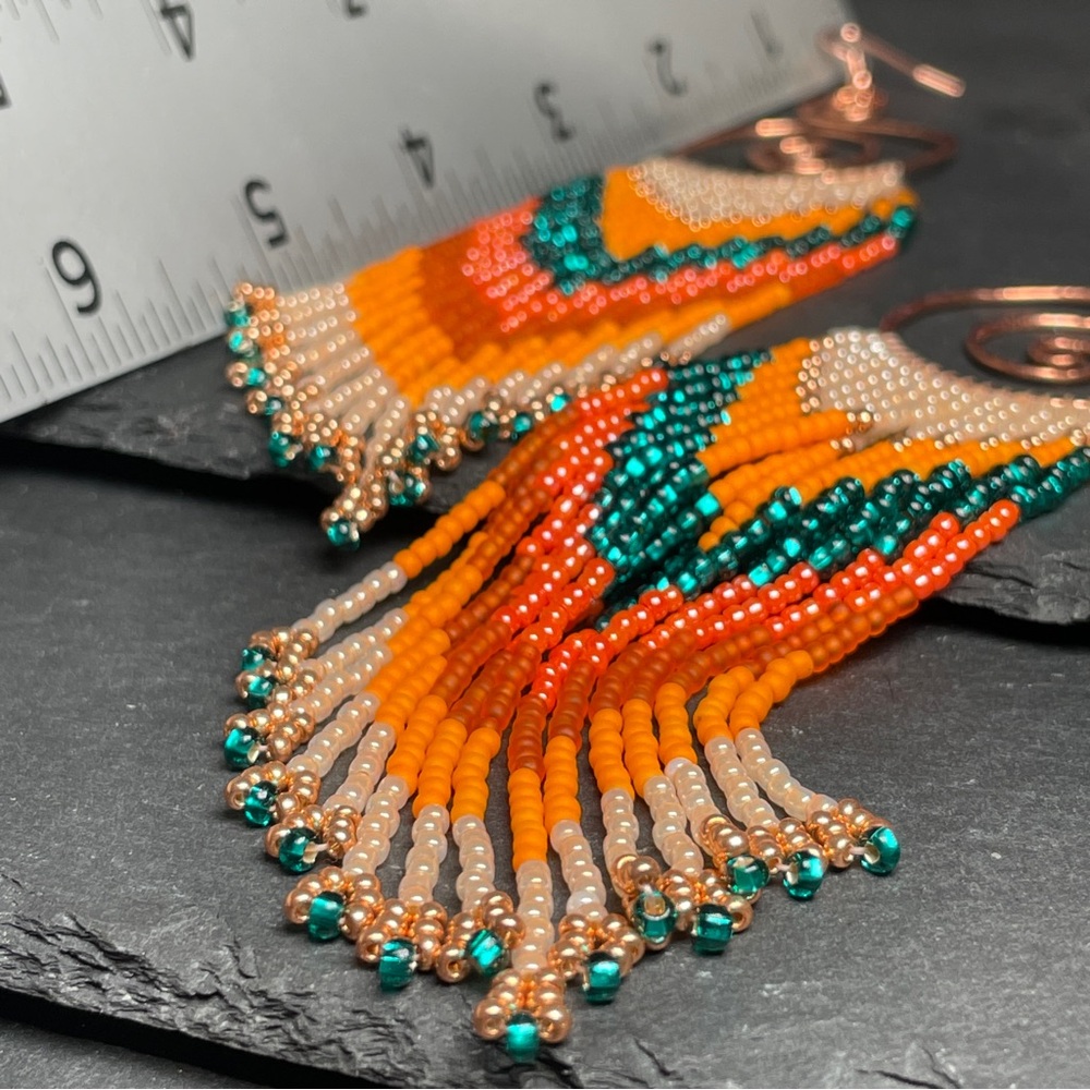 Hammered Copper Hoops With Long Orange Teal Glass Beaded Fringe Earrings - Picture 7 of 11